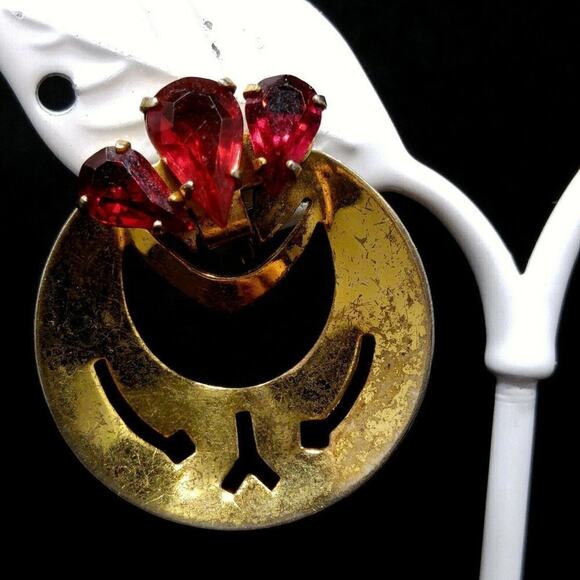 Vintage Sterling Red Rhinestone Dangle Screw Back Earrings, 1940s, Gold Wash - Picture 2 of 9